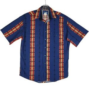 Vintage Wrangler Pearl Snap Shirt Mens Large Blue Short Sl Aztec Western 80s 90s